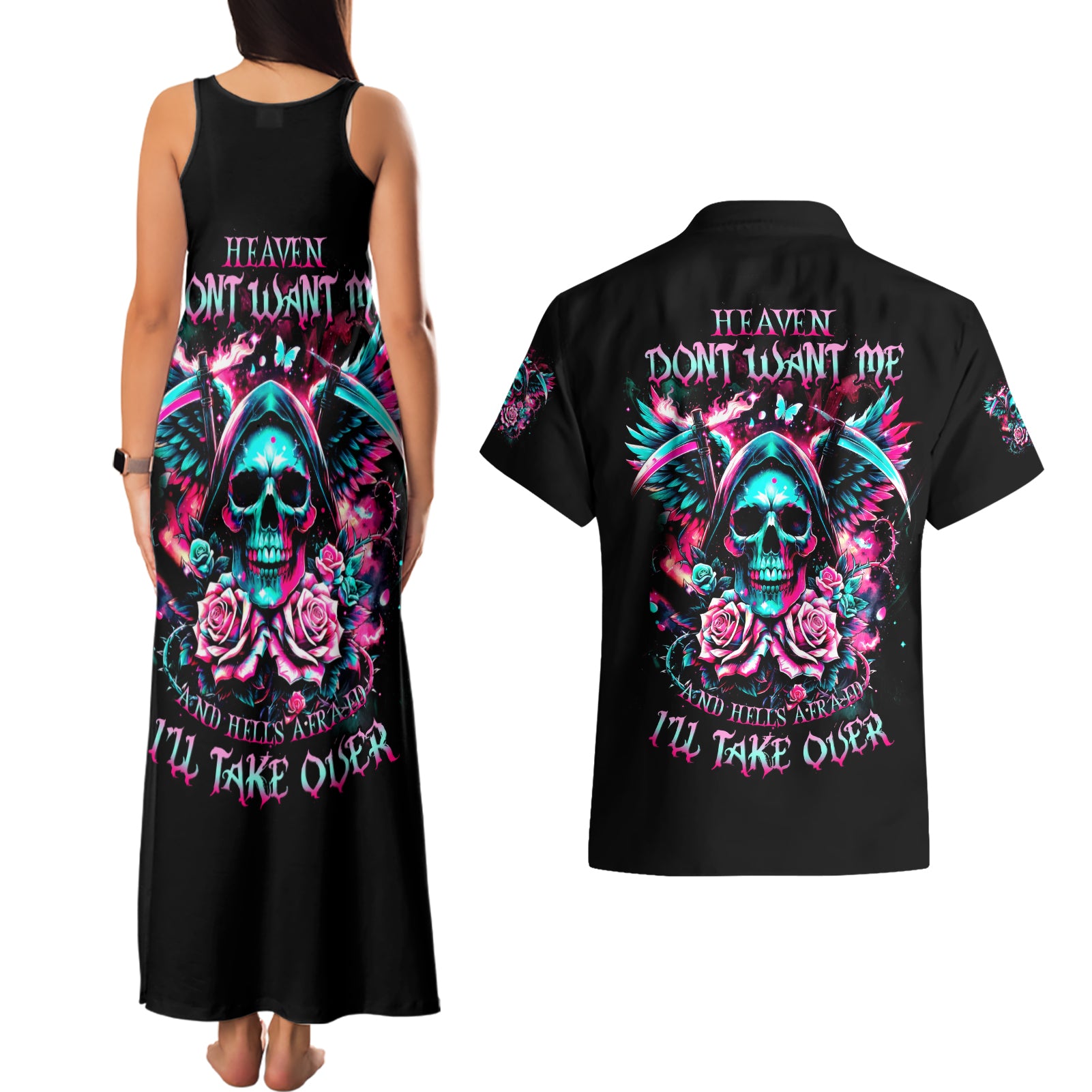 Rose Skull Couples Matching Tank Maxi Dress and Hawaiian Shirt Heaven Don't Want Me And Hell's Afraid I'll Take Over - Wonder Print Shop