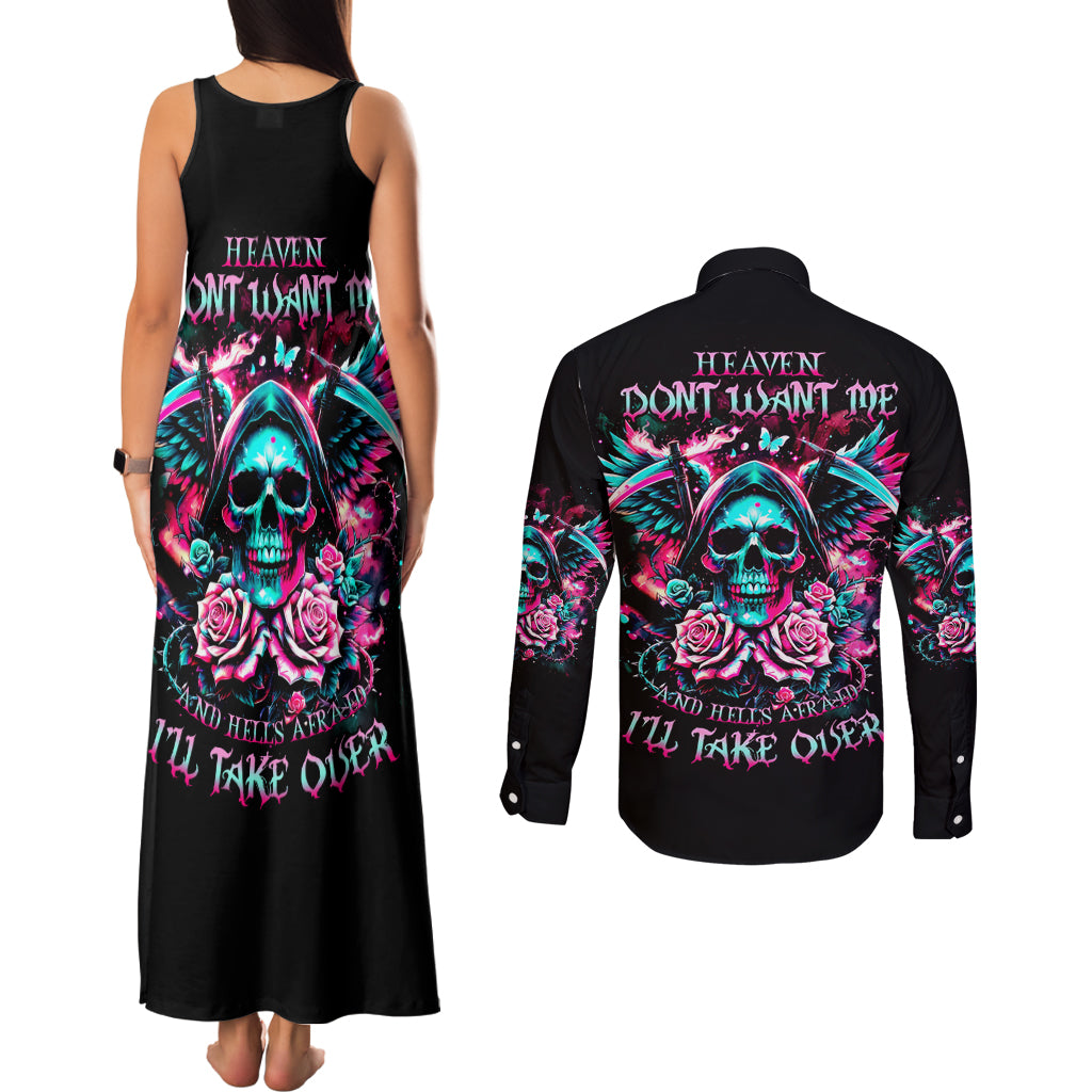 Rose Skull Couples Matching Tank Maxi Dress and Long Sleeve Button Shirt Heaven Don't Want Me And Hell's Afraid I'll Take Over - Wonder Print Shop