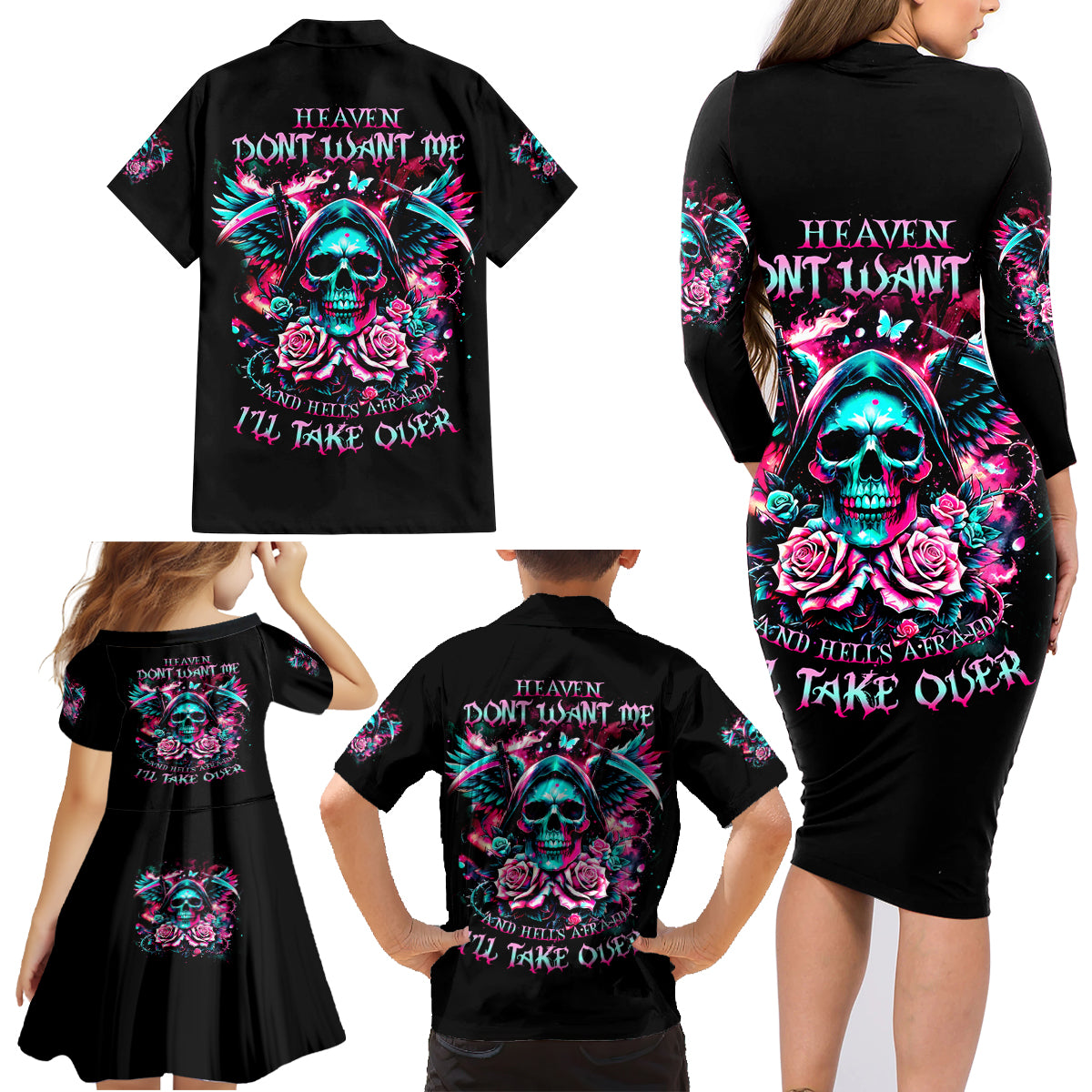 Rose Skull Family Matching Long Sleeve Bodycon Dress and Hawaiian Shirt Heaven Don't Want Me And Hell's Afraid I'll Take Over - Wonder Print Shop