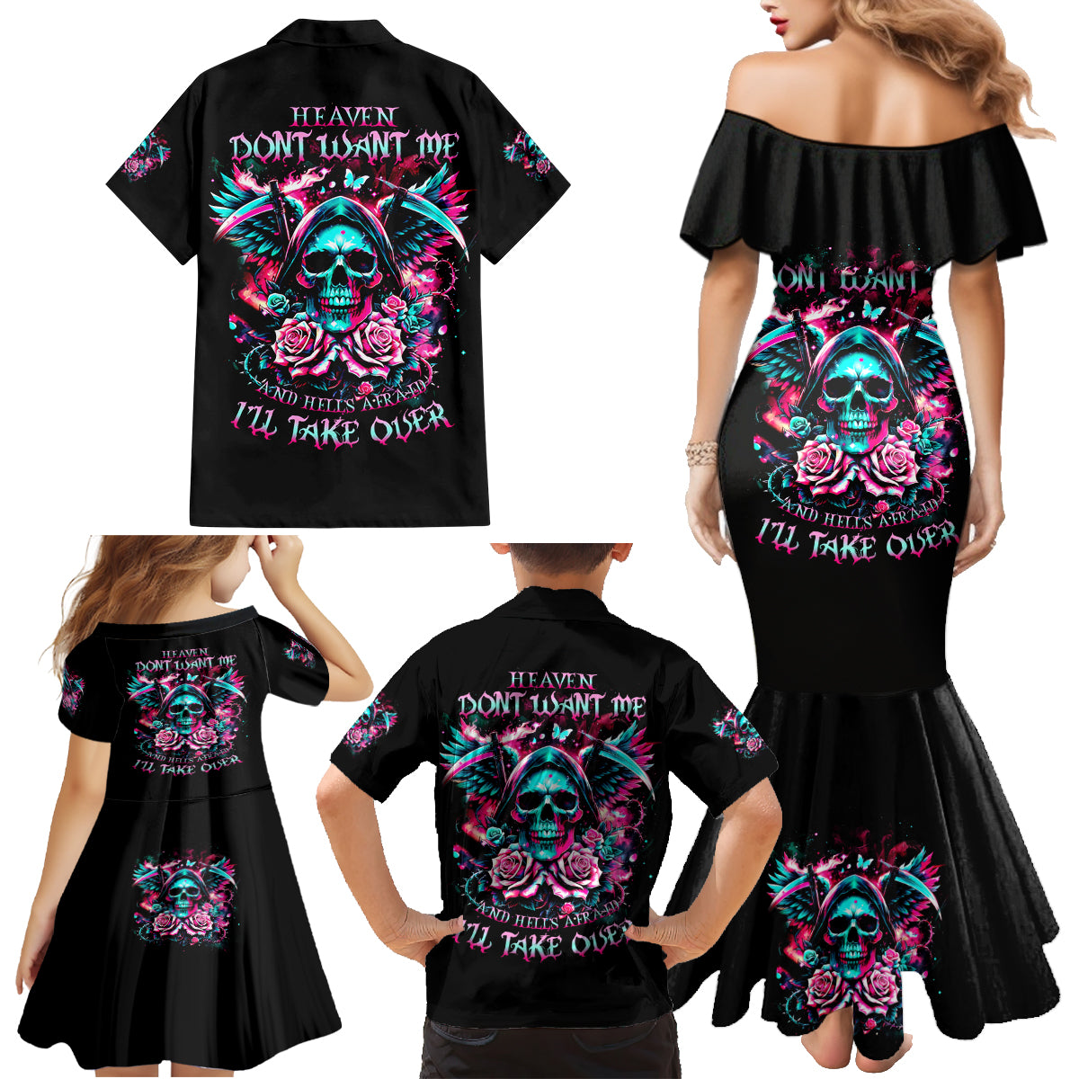 Rose Skull Family Matching Mermaid Dress and Hawaiian Shirt Heaven Don't Want Me And Hell's Afraid I'll Take Over - Wonder Print Shop