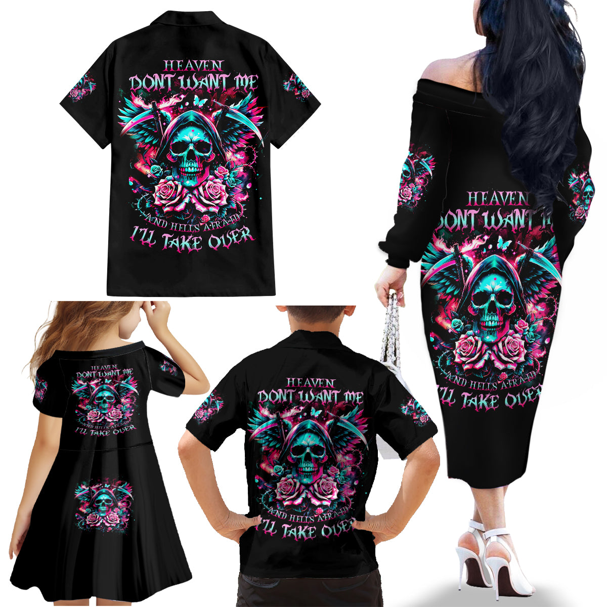 Rose Skull Family Matching Off The Shoulder Long Sleeve Dress and Hawaiian Shirt Heaven Don't Want Me And Hell's Afraid I'll Take Over - Wonder Print Shop