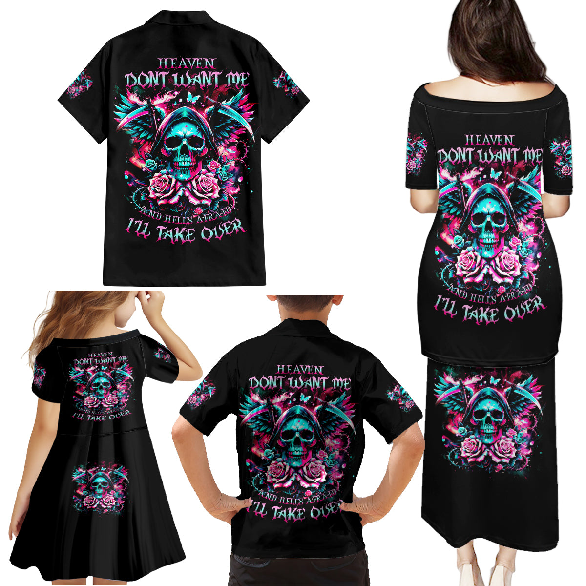 Rose Skull Family Matching Puletasi and Hawaiian Shirt Heaven Don't Want Me And Hell's Afraid I'll Take Over - Wonder Print Shop