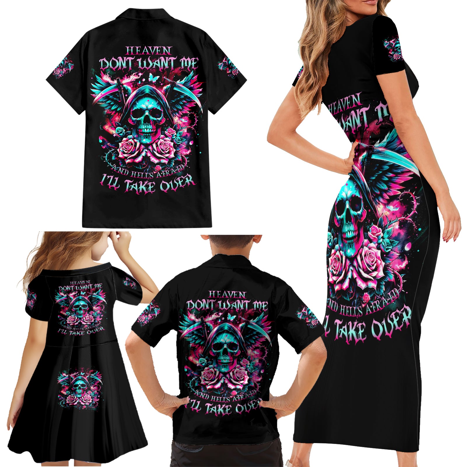 Rose Skull Family Matching Short Sleeve Bodycon Dress and Hawaiian Shirt Heaven Don't Want Me And Hell's Afraid I'll Take Over - Wonder Print Shop