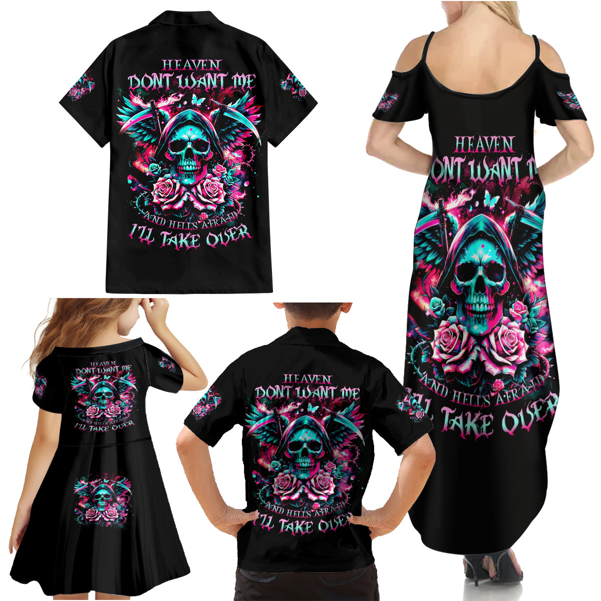 Rose Skull Family Matching Summer Maxi Dress and Hawaiian Shirt Heaven Don't Want Me And Hell's Afraid I'll Take Over - Wonder Print Shop