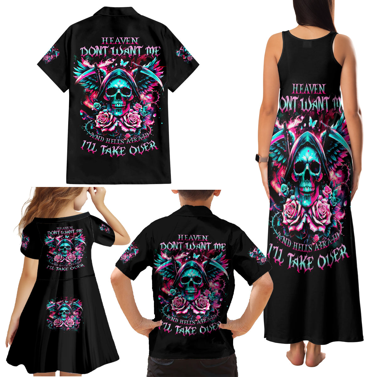 Rose Skull Family Matching Tank Maxi Dress and Hawaiian Shirt Heaven Don't Want Me And Hell's Afraid I'll Take Over - Wonder Print Shop