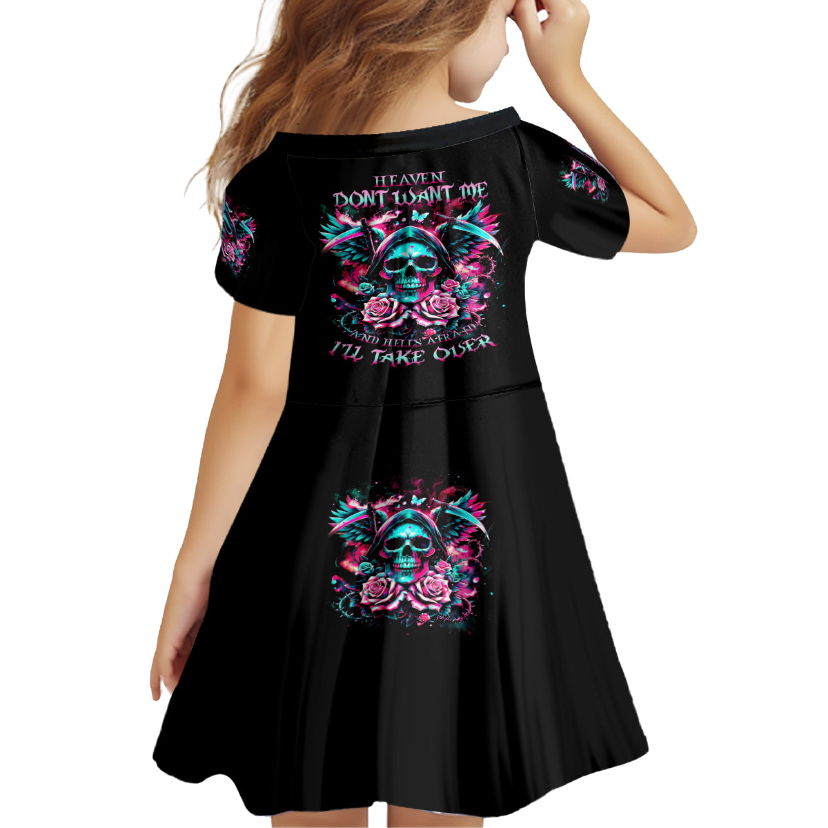 Rose Skull Kid Short Sleeve Dress Heaven Don't Want Me And Hell's Afraid I'll Take Over - Wonder Print Shop