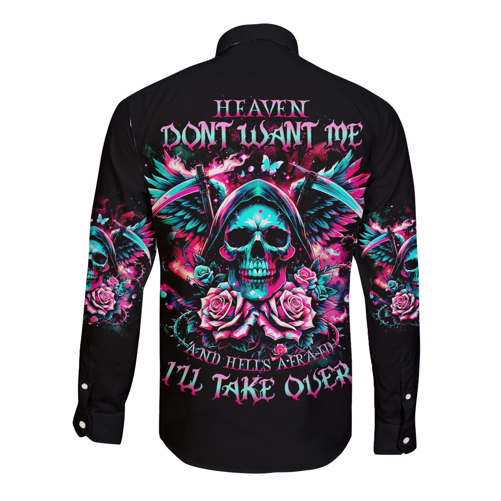 Rose Skull Long Sleeve Button Shirt Heaven Don't Want Me And Hell's Afraid I'll Take Over - Wonder Print Shop