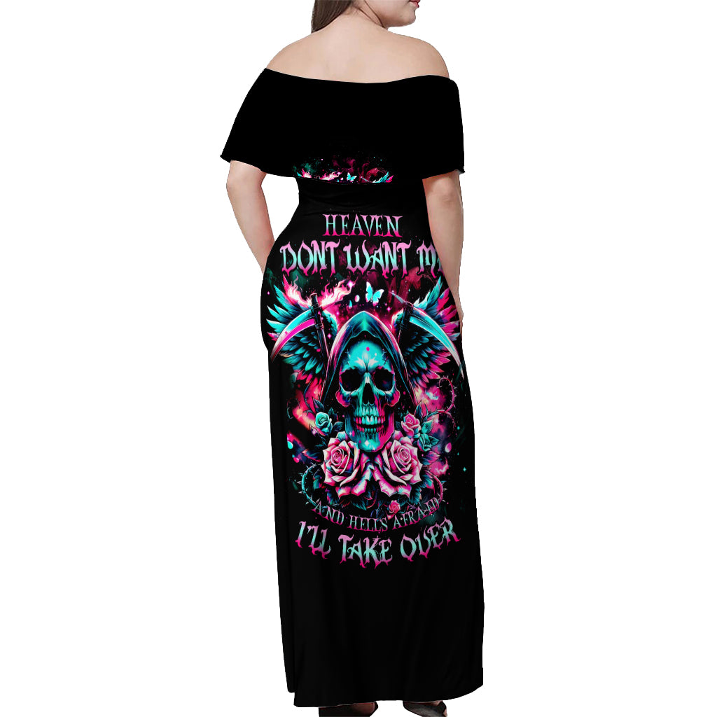 Rose Skull Off Shoulder Maxi Dress Heaven Don't Want Me And Hell's Afraid I'll Take Over - Wonder Print Shop