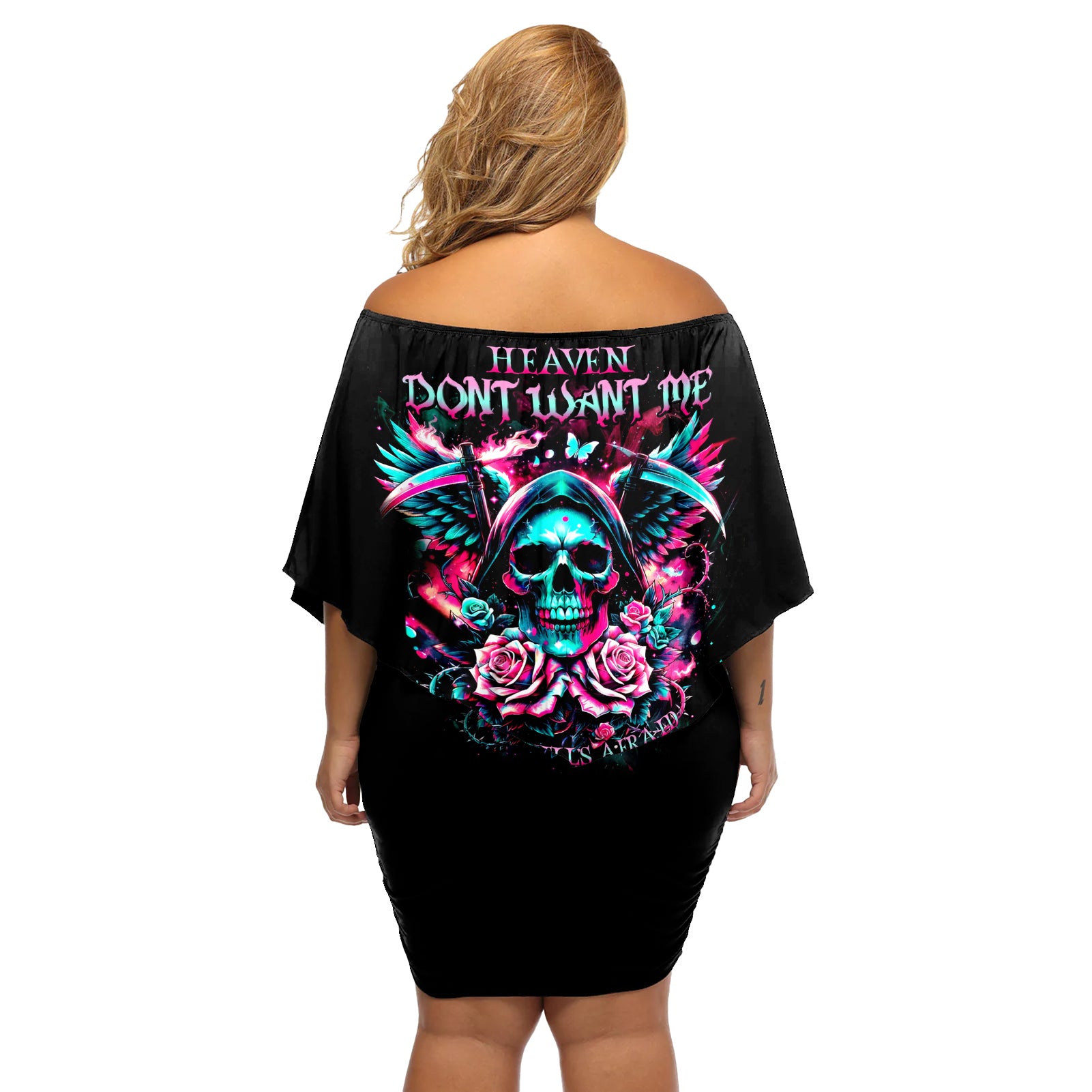 Rose Skull Off Shoulder Short Dress Heaven Don't Want Me And Hell's Afraid I'll Take Over - Wonder Print Shop