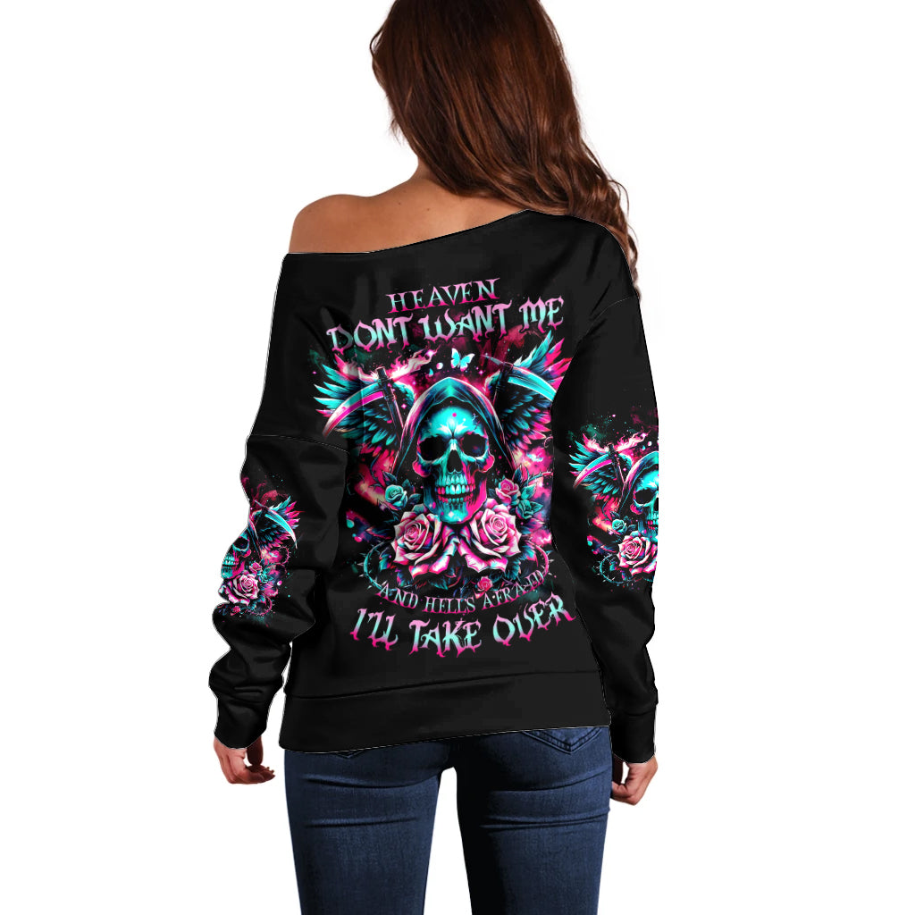 Rose Skull Off Shoulder Sweater Heaven Don't Want Me And Hell's Afraid I'll Take Over - Wonder Print Shop