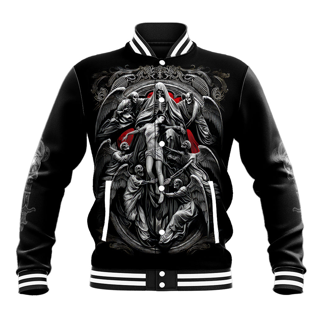 Black unisex baseball jacket with button front, striped collar, and front skull graphic