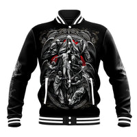 Black unisex baseball jacket with button front, striped collar, and front skull graphic