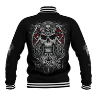 Black unisex baseball jacket with striped cuffs and back skull with red accents