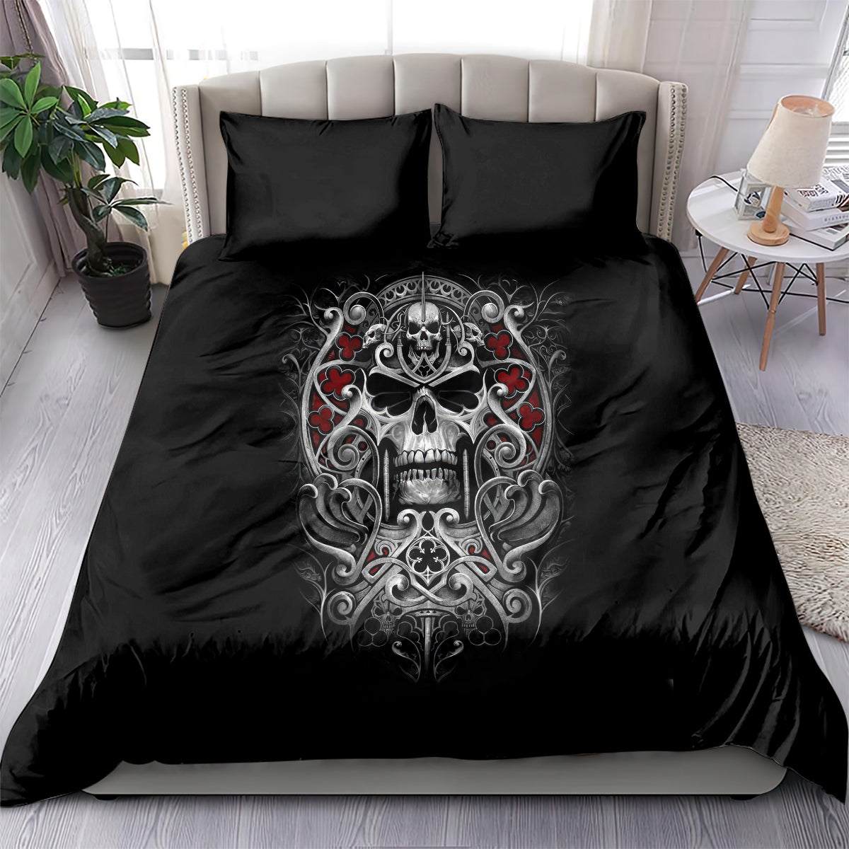 Black bedding set featuring a central skull design on duvet with two pillows