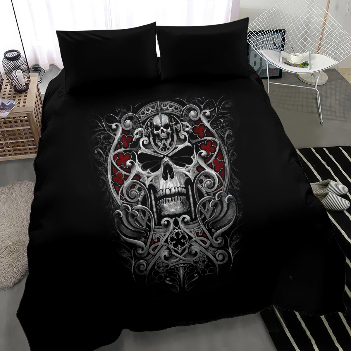 Black bedding set with detailed skull print on duvet and two matching pillowcases