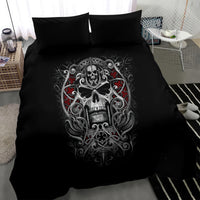 Black bedding set with detailed skull print on duvet and two matching pillowcases
