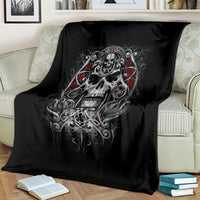 Black skull blanket with grim angel-wing design, ornate silver details and red accents