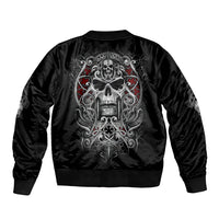Unisex black bomber jacket with back skull graphic and ornate filigree, zip front