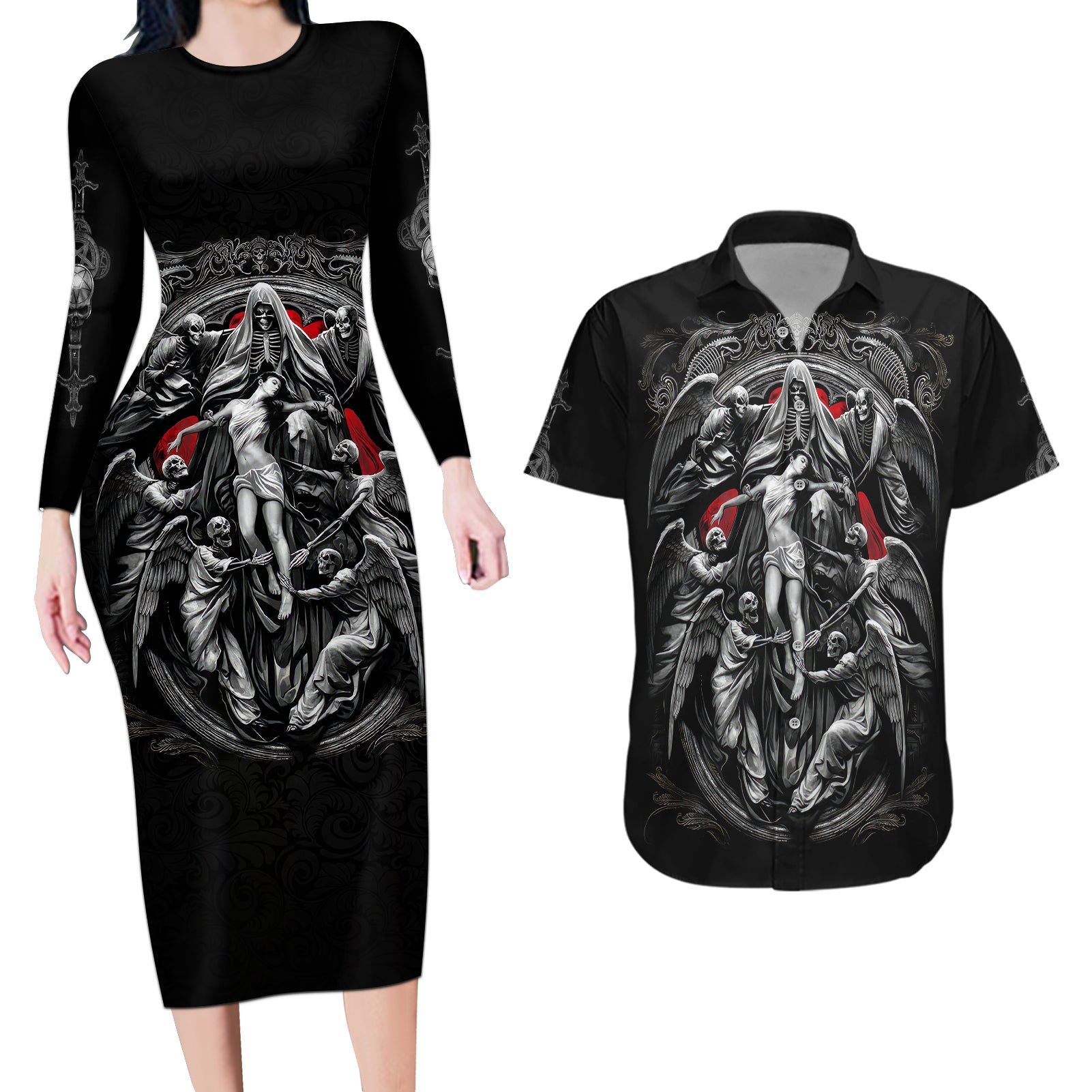 Skull Couples Matching Long Sleeve Bodycon Dress and Hawaiian Shirt Ethereal Reapers Skull-Faced Death Angels - Wonder Print Shop