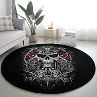 Round black gothic skull area rug with red accents and gray ornamental swirl border