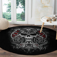Round black skull graphic rug with red accents, gray filigree, and decorative cross motif