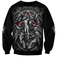 Black unisex sweatshirt with large oval skull-and-angel graphic on front