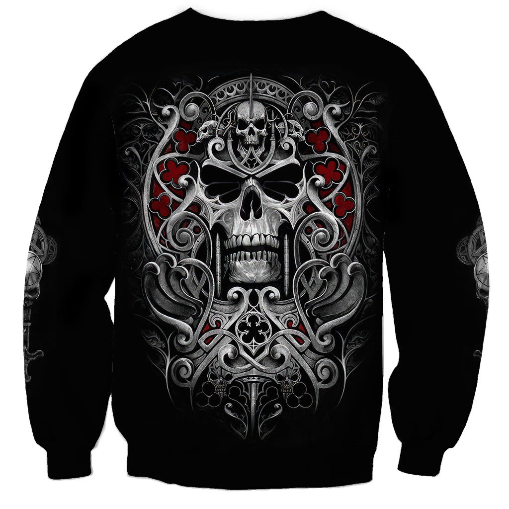 Black unisex sweatshirt with skull graphic and red heart accents on back