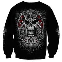 Black unisex sweatshirt with skull graphic and red heart accents on back