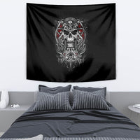 Black skull tapestry featuring detailed silver filigree with red highlights, wall-hung