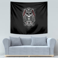 Black skull tapestry with silver decorative scrollwork and small red emblem accents