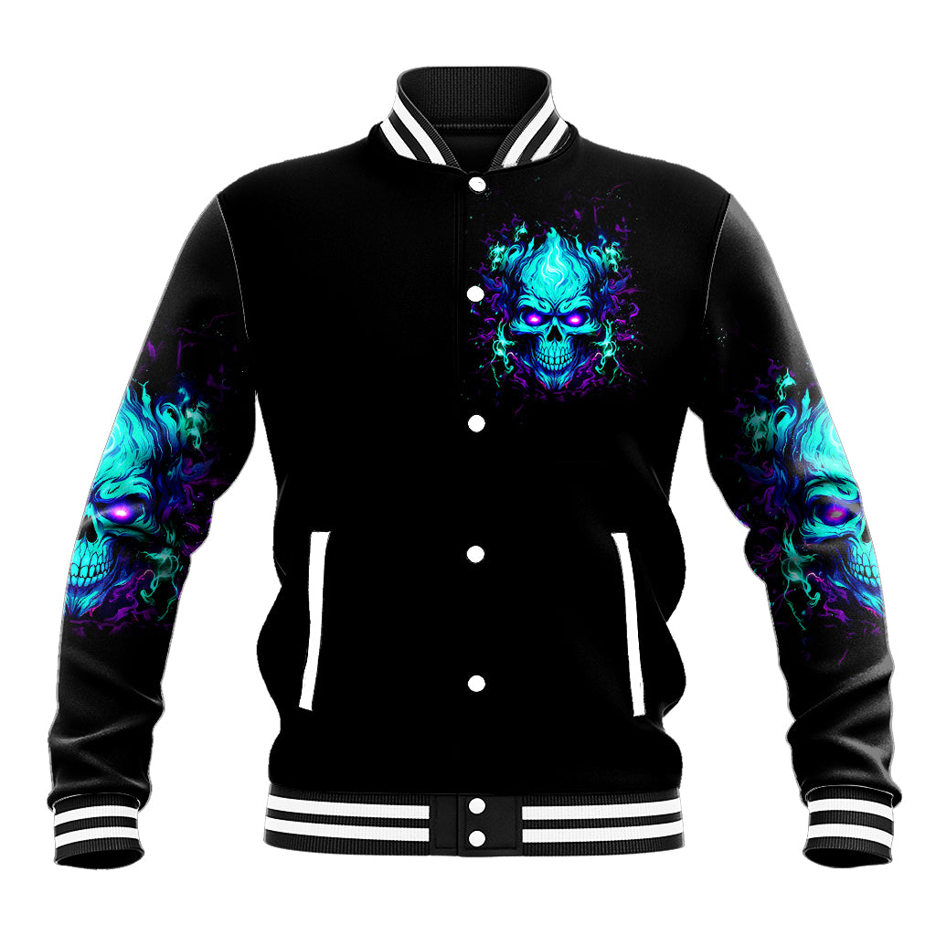Black unisex baseball jacket, front flame skull graphic, button placket, striped collar and cuffs