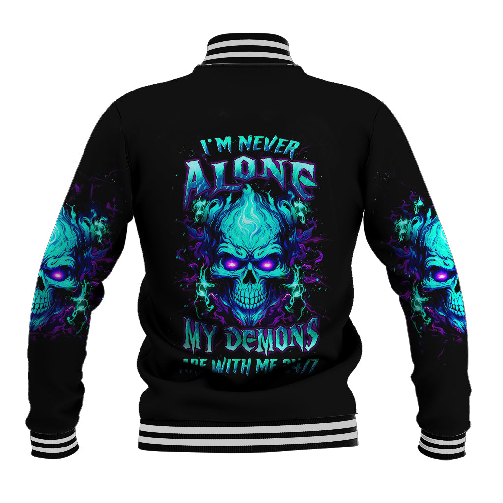 Black unisex baseball jacket, back flame skull graphic, striped ribbed collar and cuffs