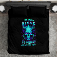 Black duvet cover bedding set featuring neon flame skull text design on bed