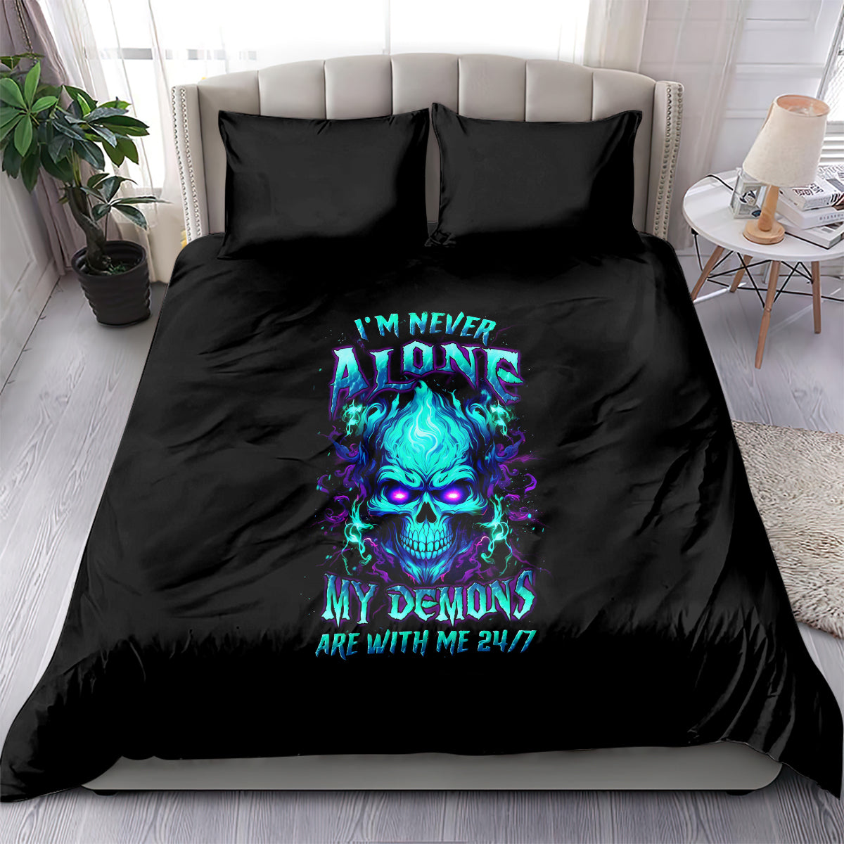 Black duvet cover bedding set with flame skull graphic and two matching pillowcases