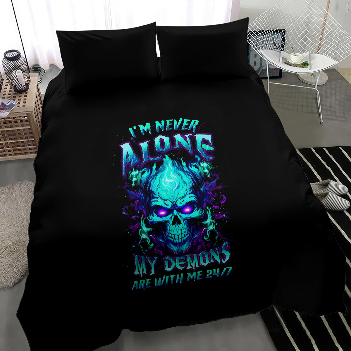 Black flame skull duvet cover bedding set with bold neon graphic and pillowcases