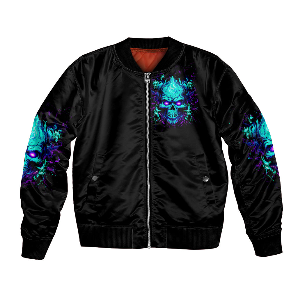 Unisex black bomber jacket with flame skull graphic on chest, full zip front