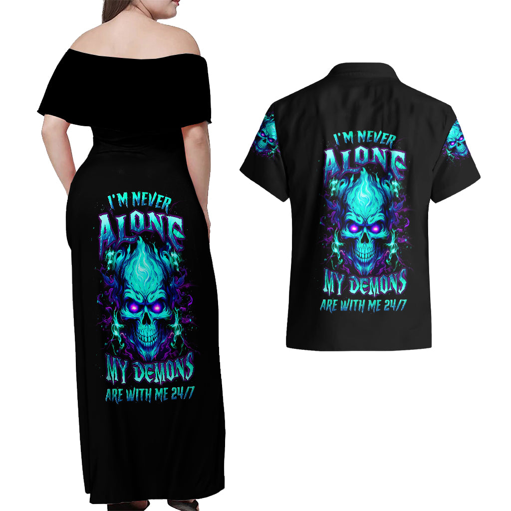 Flame Skull Couples Matching Off Shoulder Maxi Dress and Hawaiian Shirt I'm Never Alone My Demons With Me 24/7 - Wonder Print Shop