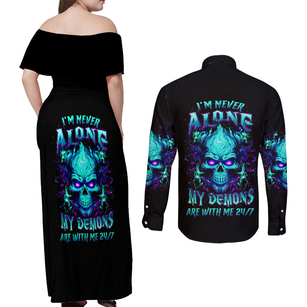 Flame Skull Couples Matching Off Shoulder Maxi Dress and Long Sleeve Button Shirts I'm Never Alone My Demons With Me 24/7 - Wonder Print Shop