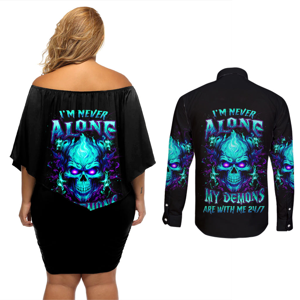 Flame Skull Couples Matching Off Shoulder Short Dress and Long Sleeve Button Shirts I'm Never Alone My Demons With Me 24/7 - Wonder Print Shop