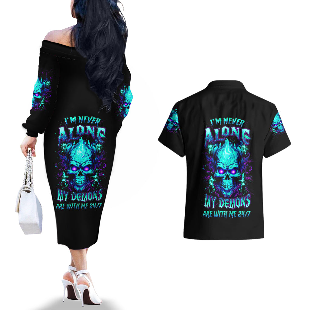 Flame Skull Couples Matching Off The Shoulder Long Sleeve Dress and Hawaiian Shirt I'm Never Alone My Demons With Me 24/7 - Wonder Print Shop