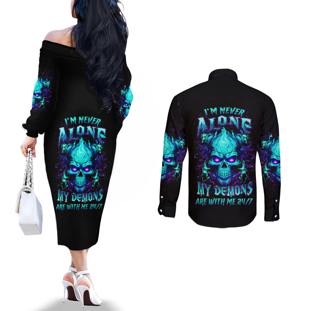 flame-skull-couples-matching-off-the-shoulder-long-sleeve-dress-and-long-sleeve-button-shirts-im-never-alone-my-demons-with-me-247