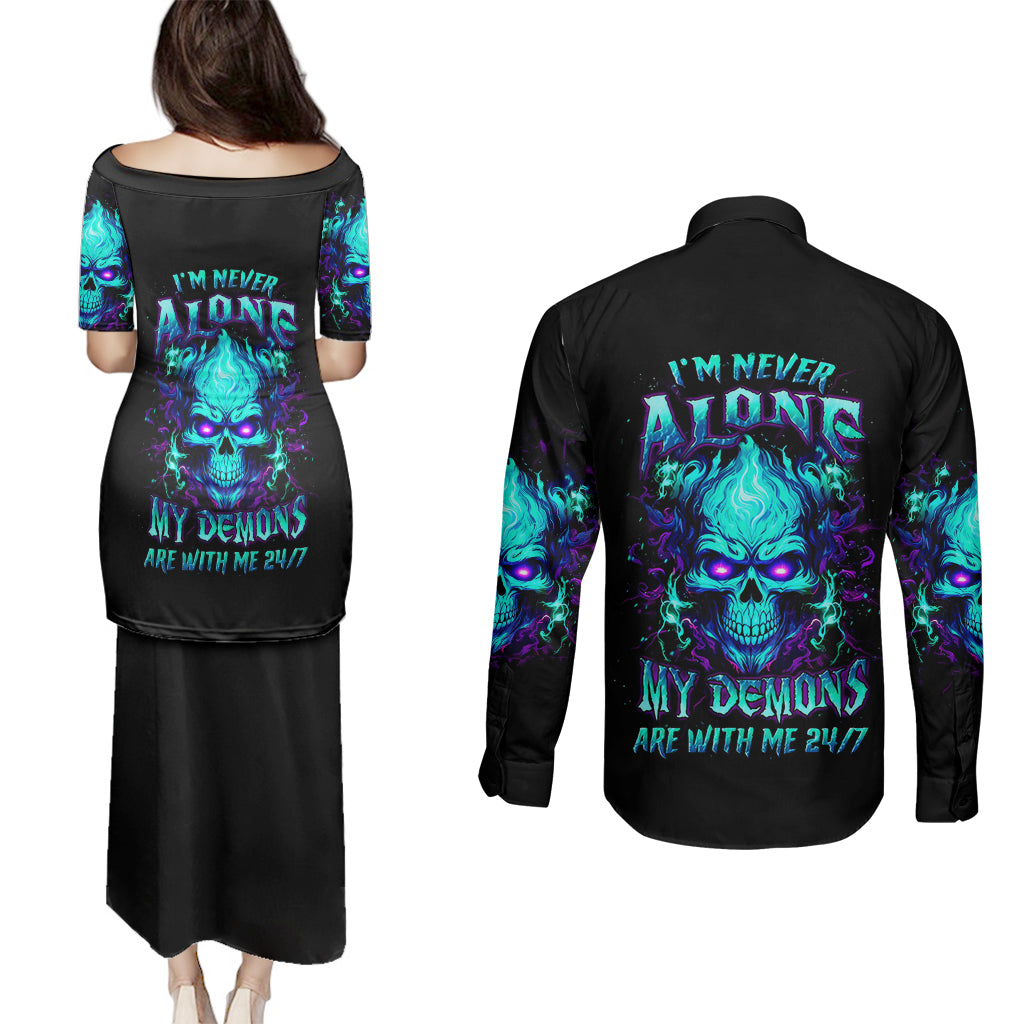 Flame Skull Couples Matching Puletasi Dress and Long Sleeve Button Shirts I'm Never Alone My Demons With Me 24/7 - Wonder Print Shop