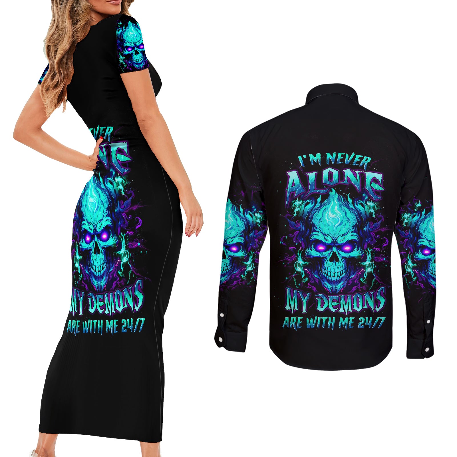 Flame Skull Couples Matching Short Sleeve Bodycon Dress and Long Sleeve Button Shirts I'm Never Alone My Demons With Me 24/7 - Wonder Print Shop