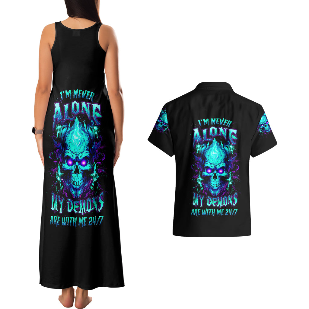 Flame Skull Couples Matching Tank Maxi Dress and Hawaiian Shirt I'm Never Alone My Demons With Me 24/7 - Wonder Print Shop