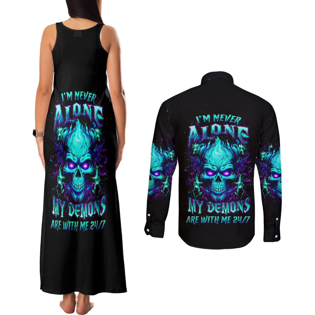 Flame Skull Couples Matching Tank Maxi Dress and Long Sleeve Button Shirts I'm Never Alone My Demons With Me 24/7 - Wonder Print Shop