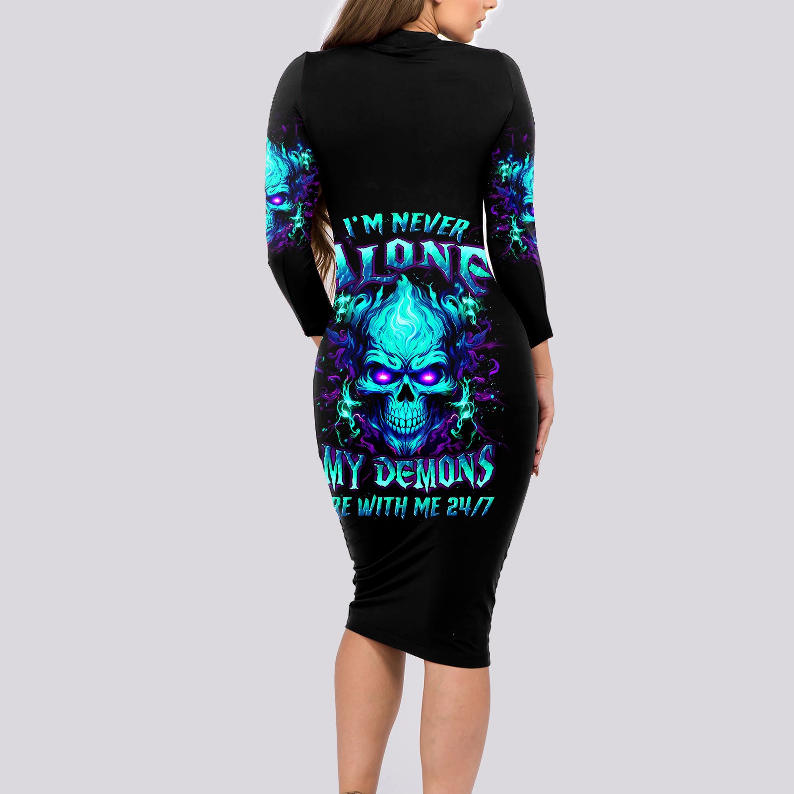 Flame Skull Long Sleeve Bodycon Dress I'm Never Alone My Demons With Me 24/7 - Wonder Print Shop