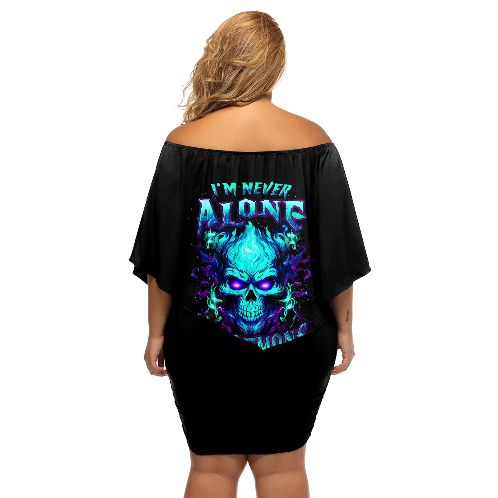 Flame Skull Off Shoulder Short Dress I'm Never Alone My Demons With Me 24/7 - Wonder Print Shop