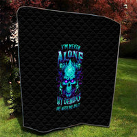 Black quilt blanket with rounded corners and neon blue flame skull graphic