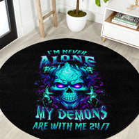 Black round carpet with neon skull graphic and 'I'M NEVER ALONE' and 'MY DEMONS' text