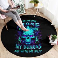 Black round carpet with neon blue skull flames and 'MY DEMONS ARE WITH ME 24/7' text